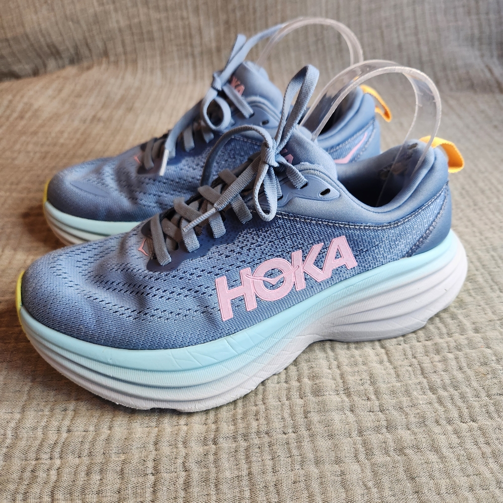 Hoka Women's Athletic Shoes in Blue with Pink Logo and Yellow Accents